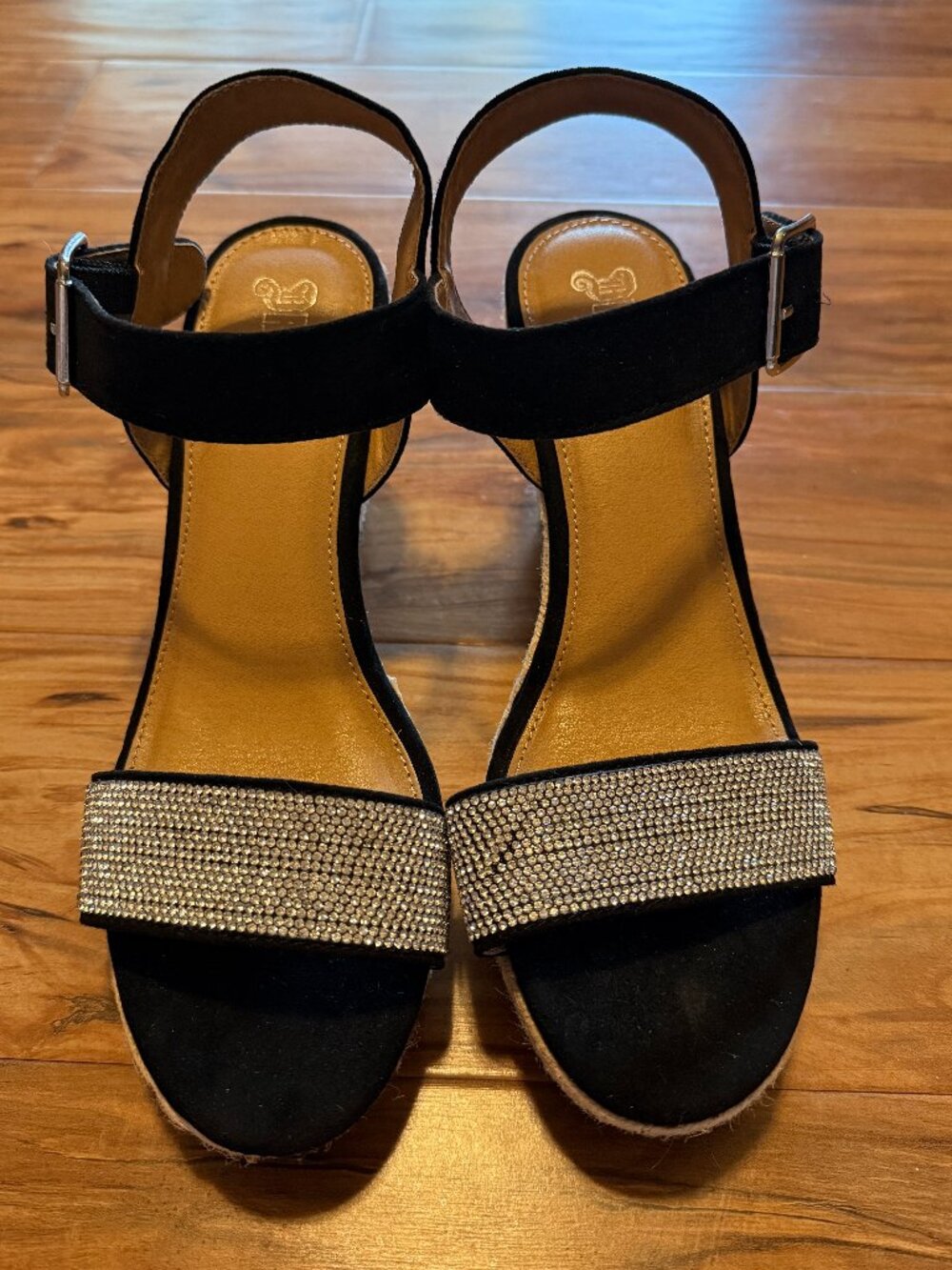 Brash Black Rhinestone Espadrille Wedge Sandals Ankle Strap Size 9